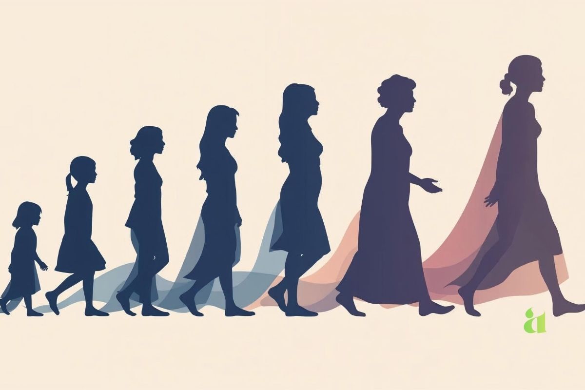 Illustration of a woman’s life journey through different stages – childhood to wisdom – symbolizing strength and transformation by Aarohi Stories