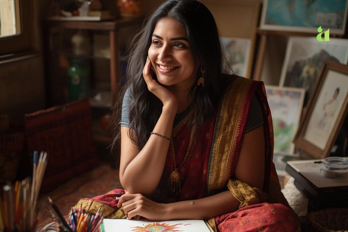 A woman reconnecting with her inner child through reflection and creativity – Aarohi Stories blog