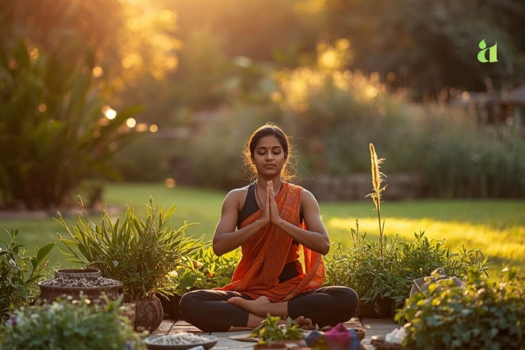 Woman practicing yoga surrounded by Ayurvedic herbs symbolizing the blend of ancient Indian wisdom and modern living – Aarohi Stories blog