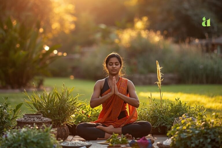 Woman practicing yoga surrounded by Ayurvedic herbs symbolizing the blend of ancient Indian wisdom and modern living – Aarohi Stories blog