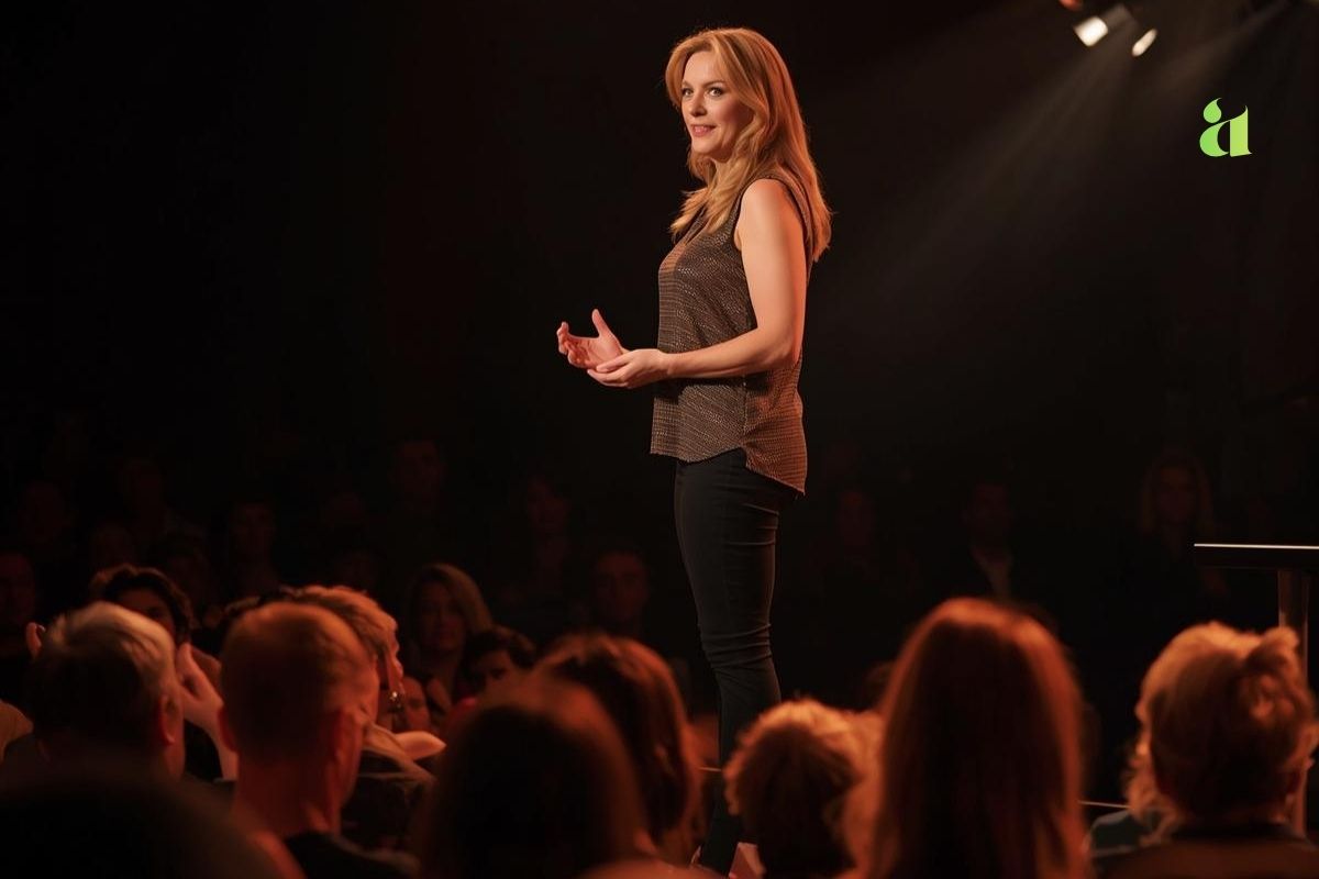 A confident woman speaking on stage about marriage, self-wholeness, and emotional balance – Aarohi Stories blog