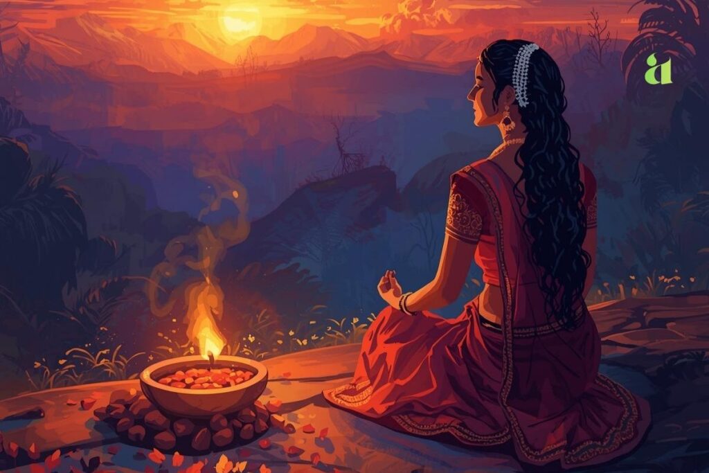 Indian woman meditating near diya at sunrise — symbol of ancient rituals for modern mental fitness by Aarohi