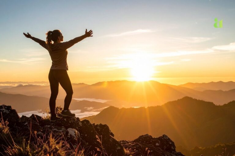 Woman standing on a mountain peak with sunrise — symbol of courage and self-belief — Aarohi Blog
