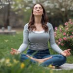 Mindful woman meditating outdoors during spring – mental clarity and renewal – Aarohi Blog