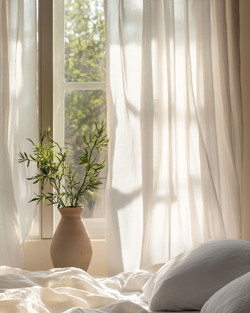 Soft morning light filtering through a window beside a simple plant and white bedding.