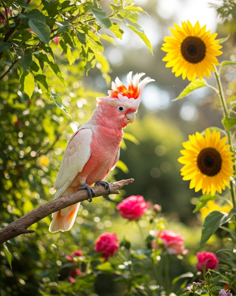 A pink cockatoo perched on a branch surrounded by sunflowers and soft morning light.