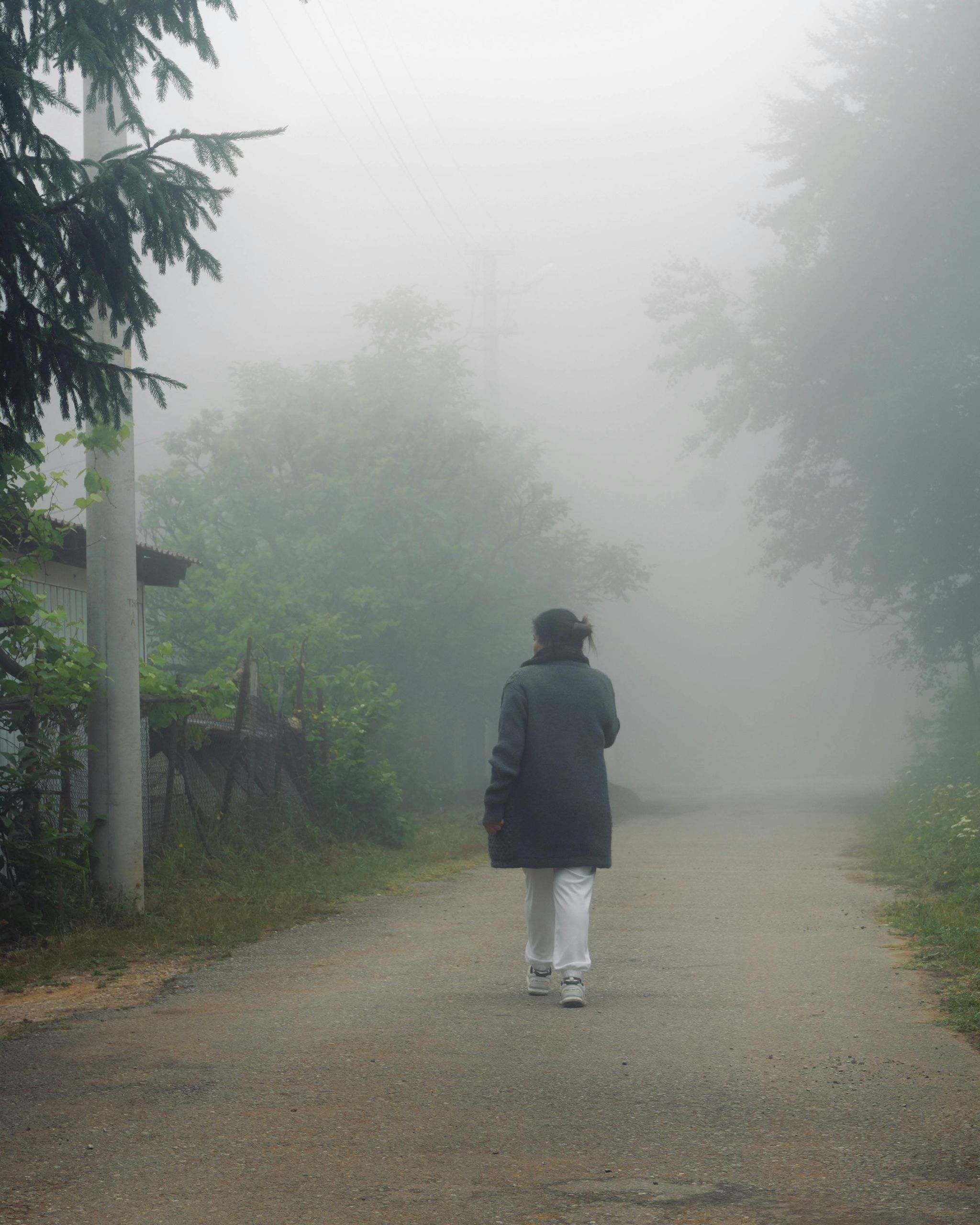 A person walking alone on a quiet path surrounded by mist, reflecting solitude and mindful presence