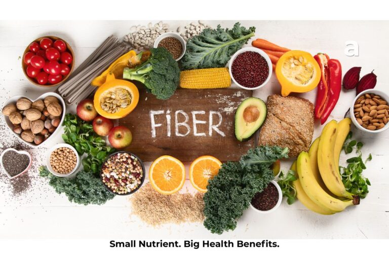 A colorful assortment of high-fiber foods including oats, lentils, beans, apples, pears, broccoli, chia seeds, whole grains, nuts, and vegetables representing a healthy, fiber-rich diet.