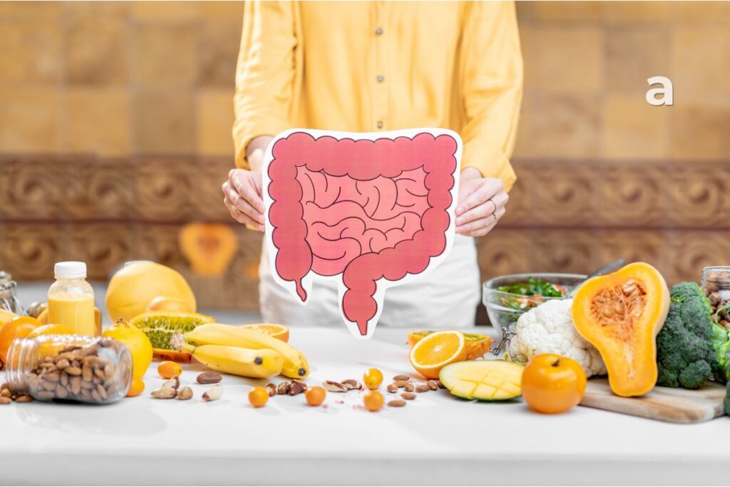 Illustration of a healthy digestive system with colourful fruits, vegetables, whole grains, and beneficial gut bacteria representing gut health and overall wellness.