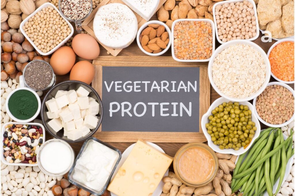Protein-rich foods including eggs, fish, lentils, tofu, yogurt, beans, nuts, and seeds showing the health benefits of protein and daily protein requirements.