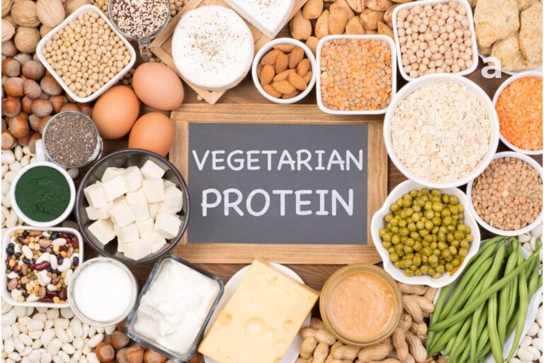 Protein-rich foods including eggs, fish, lentils, tofu, yogurt, beans, nuts, and seeds showing the health benefits of protein and daily protein requirements.