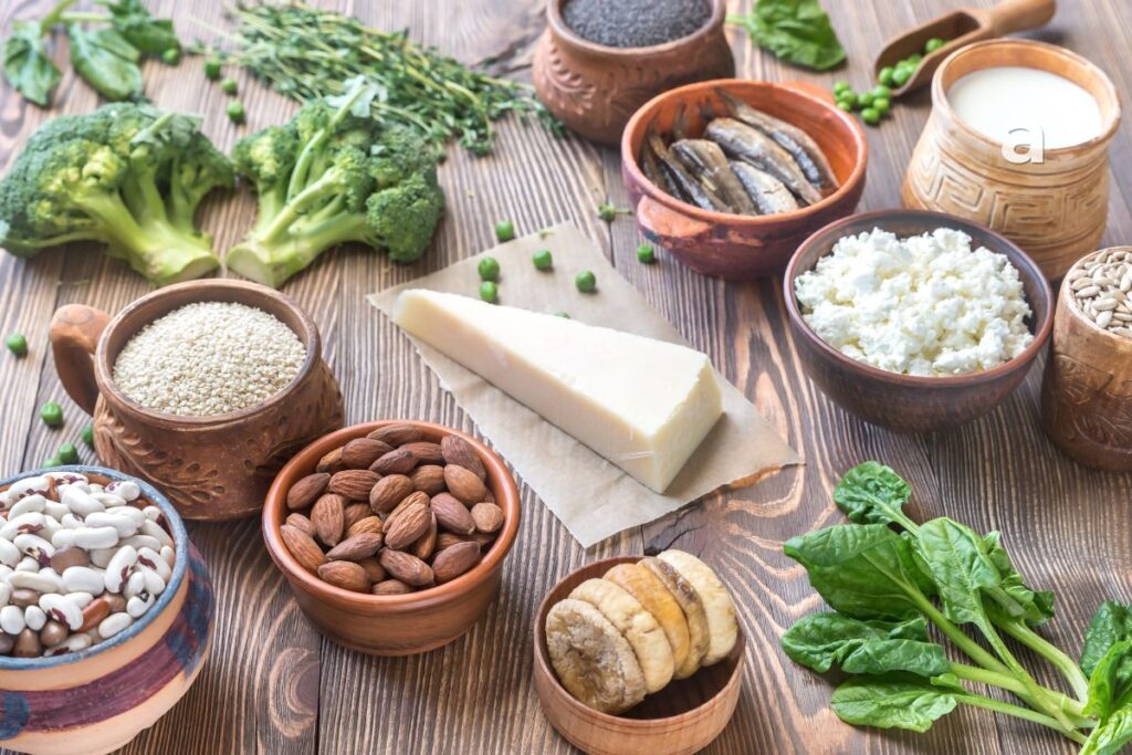 Calcium-rich foods including yogurt milk paneer tofu sesame seeds broccoli ragi and almonds