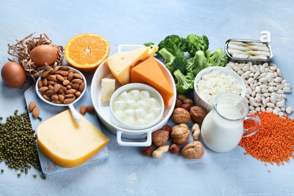 Daily calcium-rich meal plan with yogurt milk ragi paneer tofu vegetables and almonds