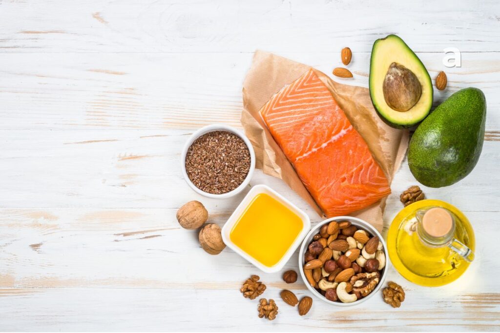 Omega-3-rich foods including salmon chia seeds flaxseed walnuts and sardines