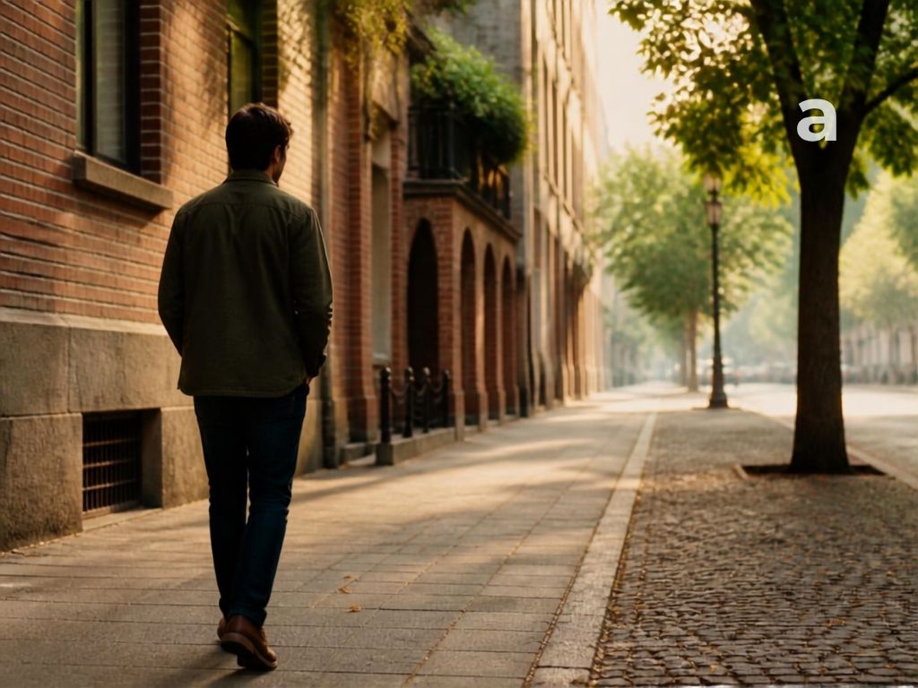 Person walking alone while thinking about an unfinished conversation