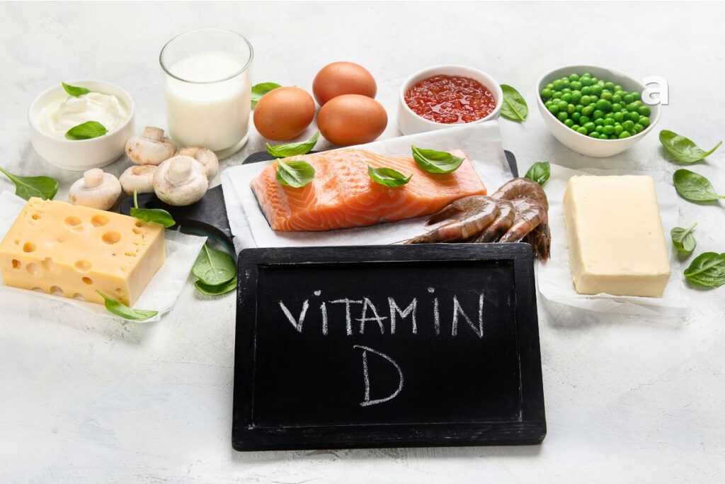 Vitamin D-rich foods including salmon eggs fortified milk mushrooms yogurt and sunlight for healthy bones muscles and immunity
