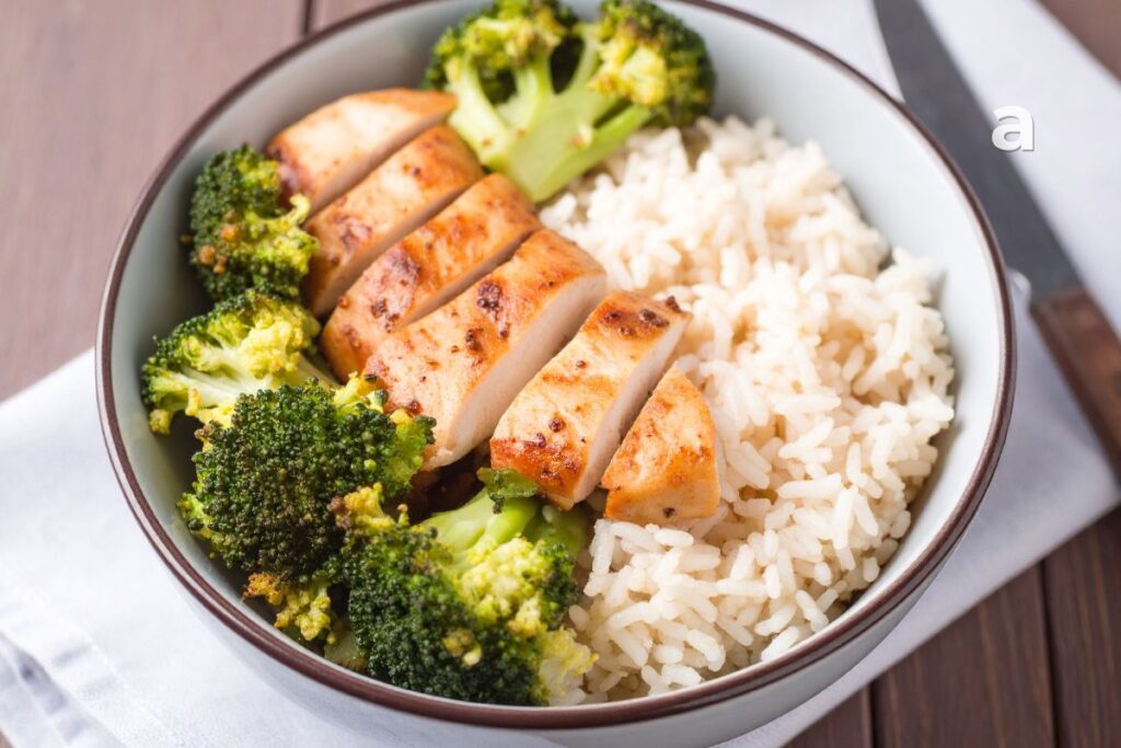 Balanced meal with vegetables grains protein and other food groups