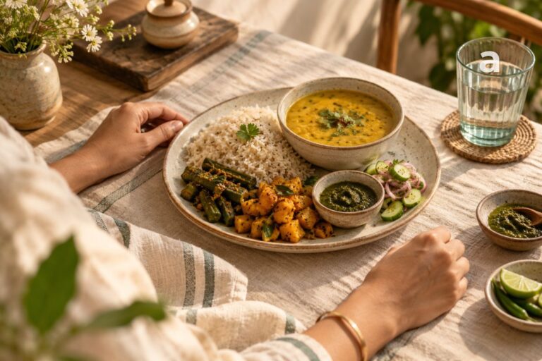 Mindful eating with a home-cooked Indian meal of dal, rice and vegetables.